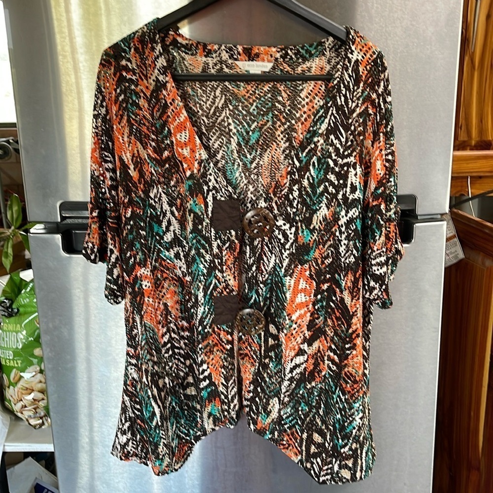 Erin London Multicolor V Neck 2 large button close see through top women’s L .